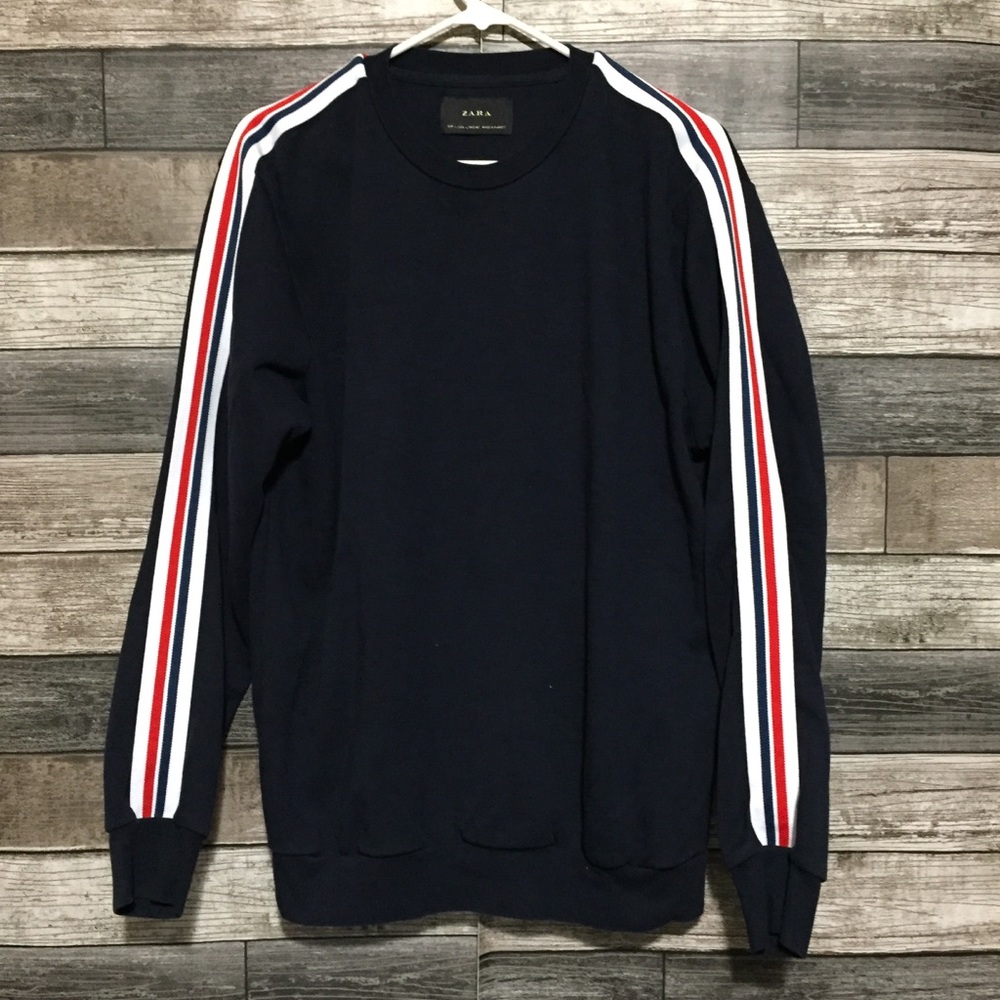 Zara Sweatshirt Men’s L Navy Blue Red Arm Stripe Pullover Fleece Crewneck - Picture 5 of 9